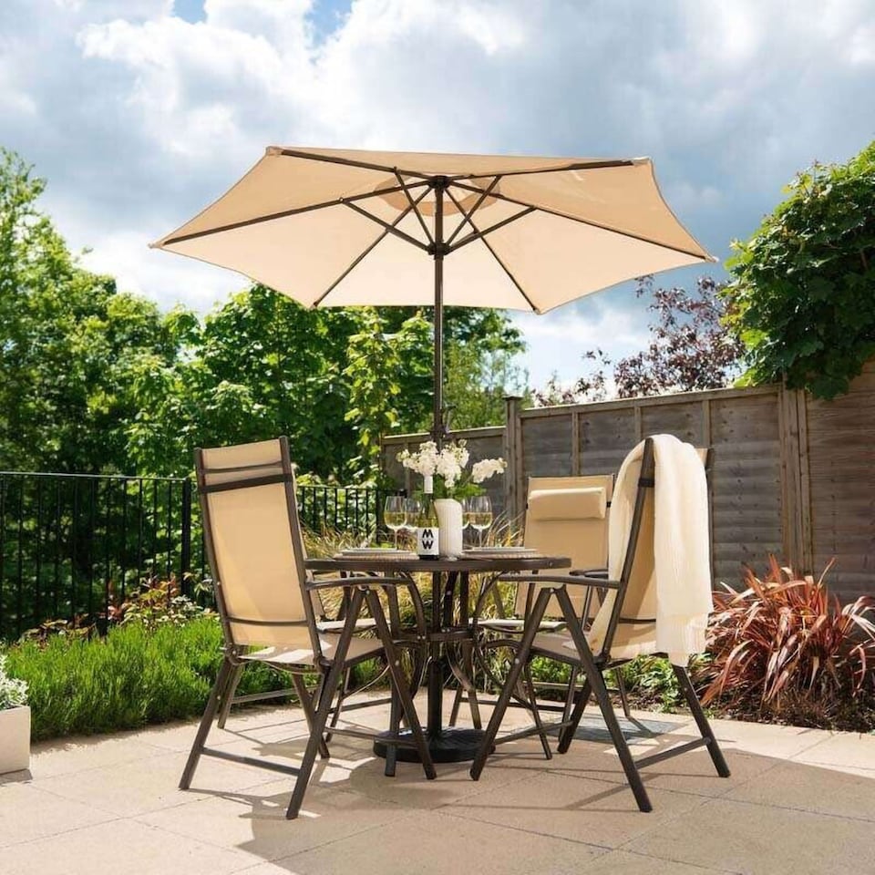 image 1 of 4 Seater Dining Set Garden Furniture With Parasol Reclining Chairs Glass Table In Mocha