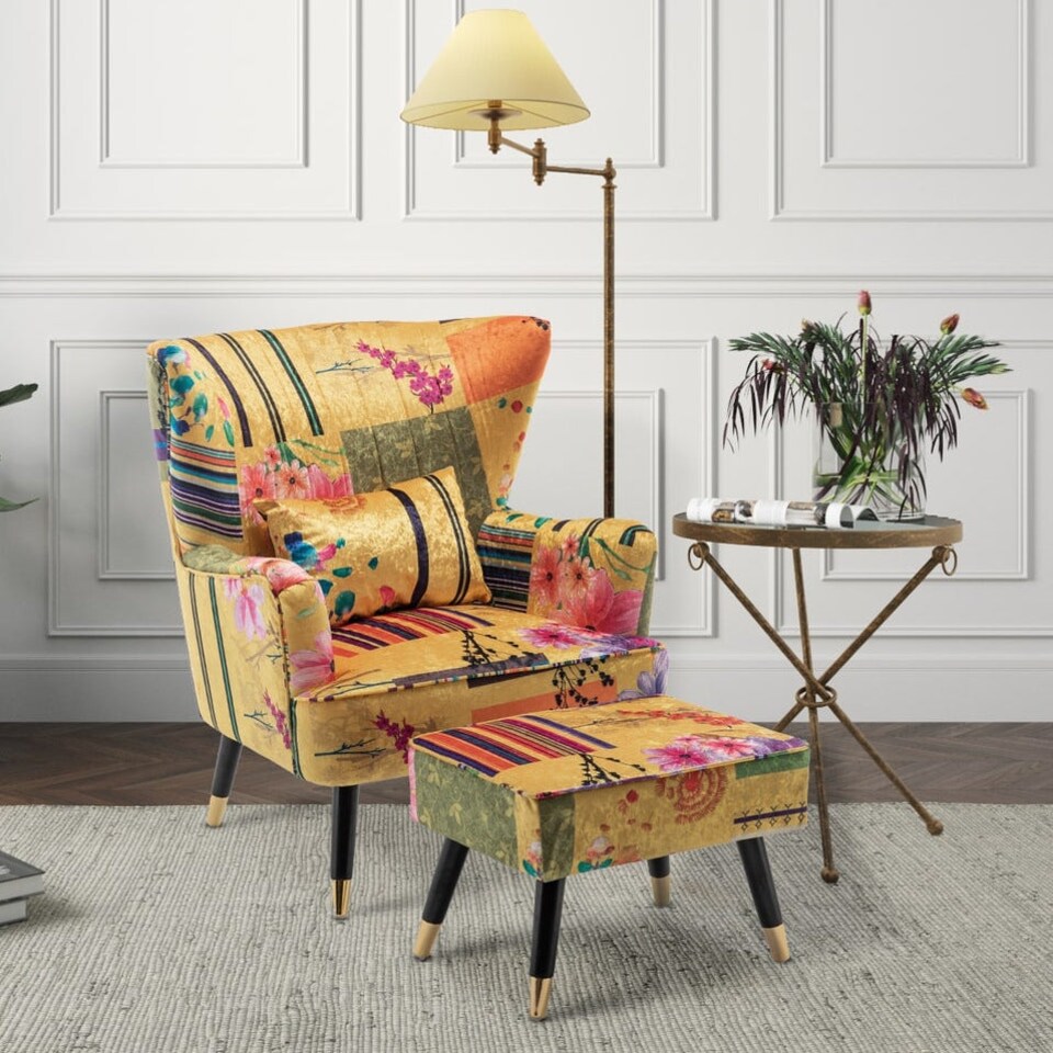 image 1 of Fabric Gold Patchwork Victoria Accent Wingback Chair with Footstool