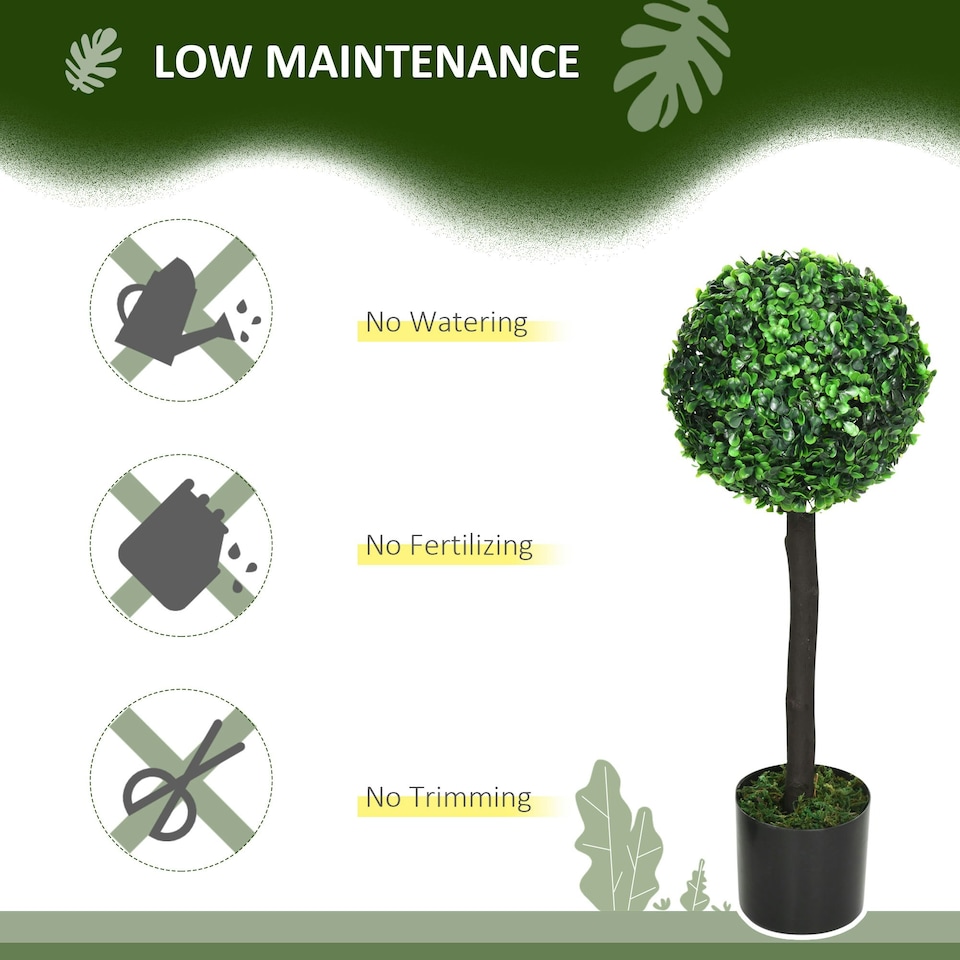 image 1 of HOMCOM Set of 2 Potted Artificial Plants Boxwood Ball Trees Indoor Outdoor, 60cm