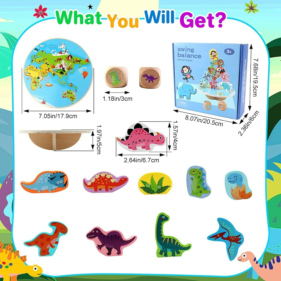 image 1 of Wooden Dinosaur Stacking Balance Toy -Animal Balance Blocks with Dice, Wooden Rocker Board & 10 Dinosaur Shapes, Educational Fine-Motor Skill Game