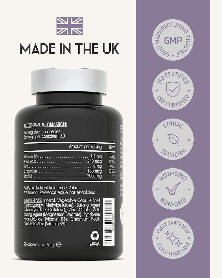 image 1 of SuperSelf Myo-Inositol Complex 2000mg with Zinc, Folic Acid, Vitamin B6 & Chromium 90 Vegan Capsules