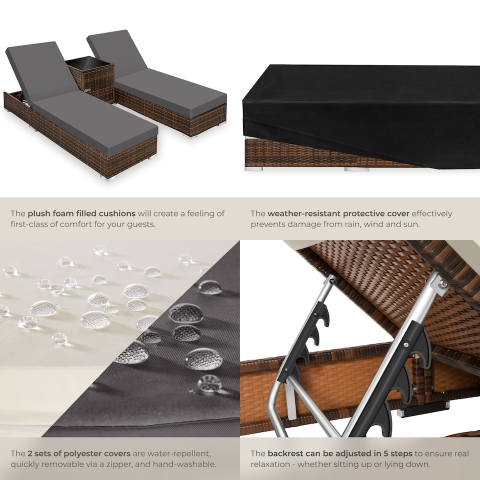 image 1 of Sun Lounger Set - 2 loungers, 1 side table, aluminium frame, adjustable backrest, rain cover | Brown | brown | 1