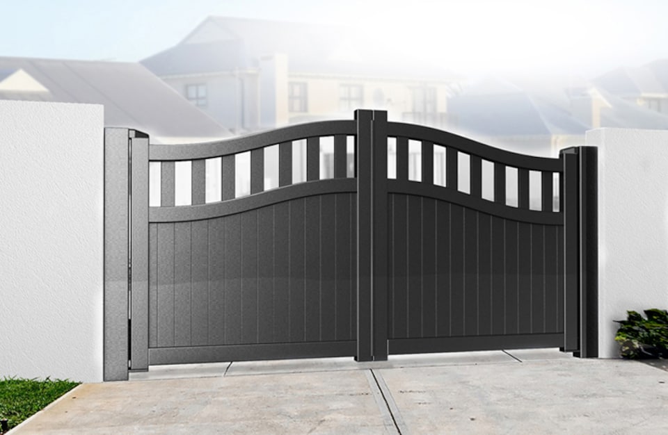 image 1 of Double Swing Gate 4000x1600mm Black - Vertical Solid Infill and Bell-Curved Top Full Privacy Driveway Gate | Black | 1