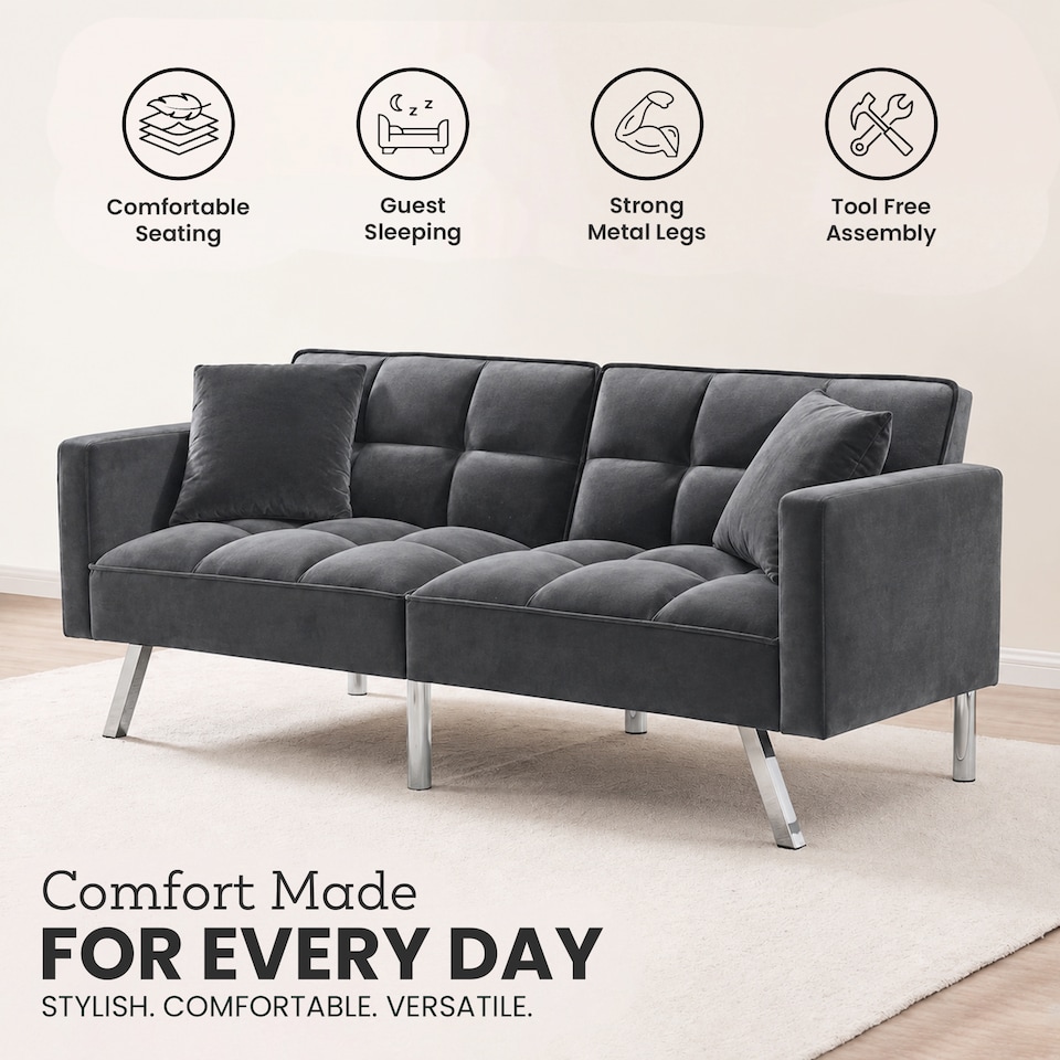 image 1 of Sofa Bed 2 Seater Grey Velvet Click Clack Sofa Settee Recliner Couch with Metal Legs with 2 Pillows