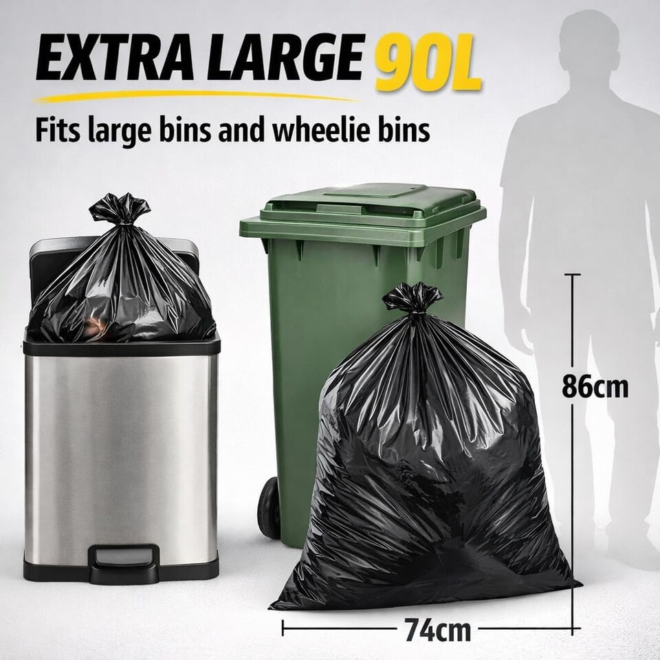 image 1 of Hero 90L Strong Durable Bin Bag Liners – 40 Extra Large Heavy Duty Tear-Resistant Black Refuse Sacks for Household & Commercial Waste | Black | Black | 90L | 80
