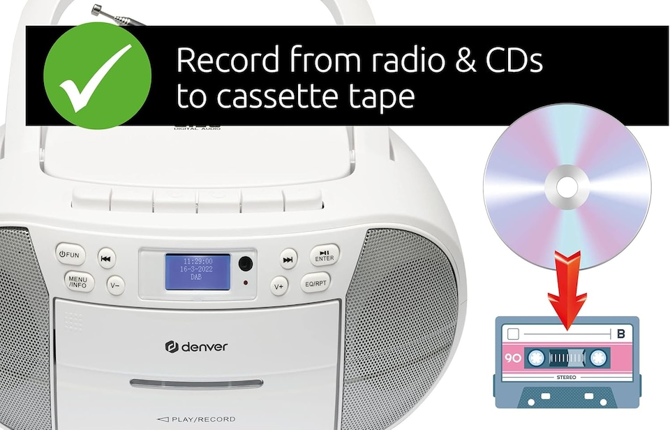image 1 of Denver Portable Radio CD Tape Cassette Player With DAB Radio – Mains or Battery Power - TDC-280 | White