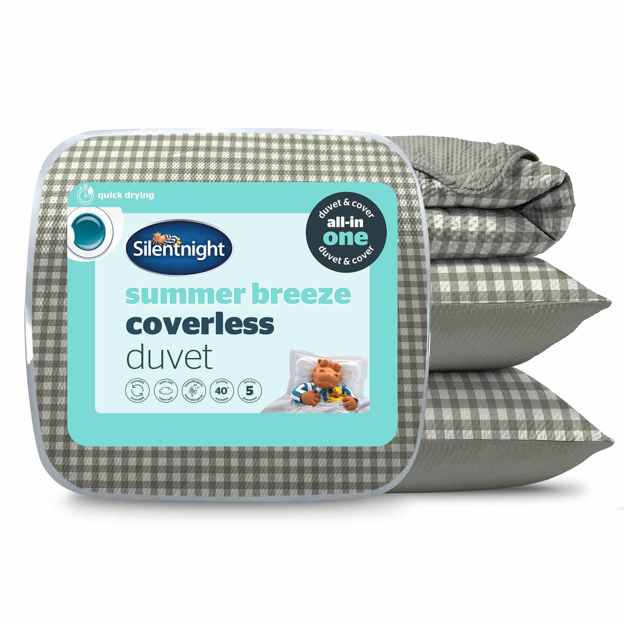 Silentnight Summer Breeze 4.5 Tog Coverless Duvet and Pillowase Set, Sage Gingham | Green | Sage