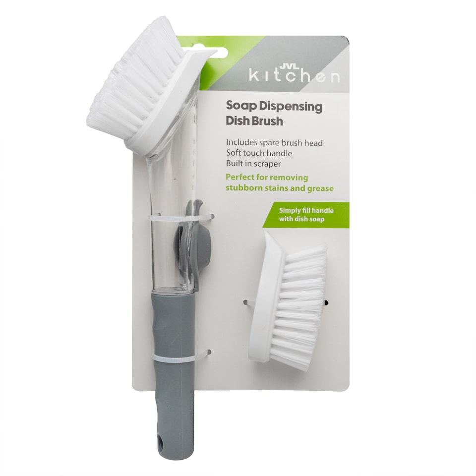 image 1 of JVL Cleaning Caddy Set with Soap Dispensing Dish Brush, Scrubbing Brush, Microfibre Cloth, Microfibre Cleaning Mitt & 3 in 1 Window Squeegee Household Cleaning Kit