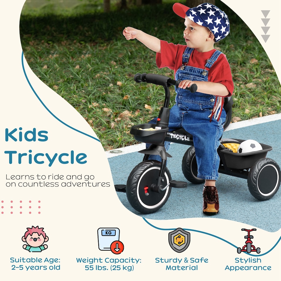 image 1 of AIYAPLAY Kids Trike, Toddler Tricycle for 2 to 5 Years, with Adjustable Seat, Pedal, Front Rear Baskets, 3 Wheels Kids Bike Gift for Boys and Girls, Black