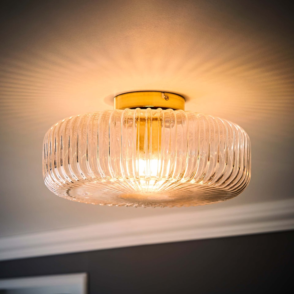 image 1 of ValueLights Calpe Large Ceiling Light Ribbed Smoked Shade | Gold