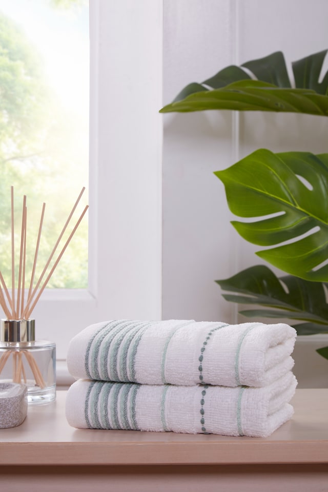 image 1 of Dakota Cotton Towels Striped Luxury Soft Quick Dry Absorbent (Set Of 2) | Green | Face cloth | 2
