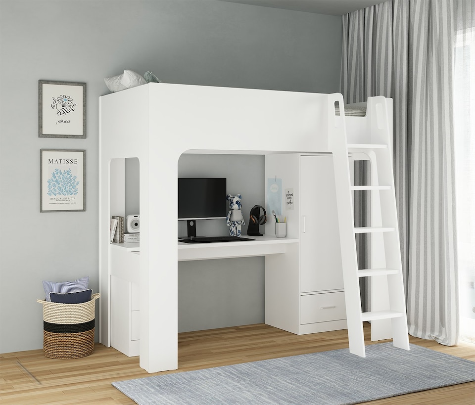 image 1 of Eden High Sleeper Bed in White with Desk and Storage | White | Single