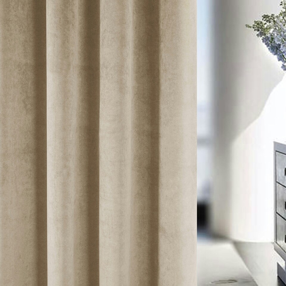 image 1 of Oxford Cream Velvet Curtains 90 x 72 inch (229 x 183 cm) 100% Blackout Pencil Pleat Thermal Noise Reducing Curtains for Bedroom and Living Room