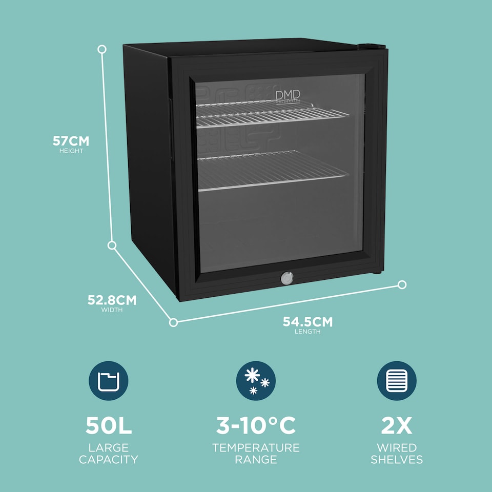 image 1 of DMD 50L Glass Mini Fridge with LED Light, Lock & Key | Black
