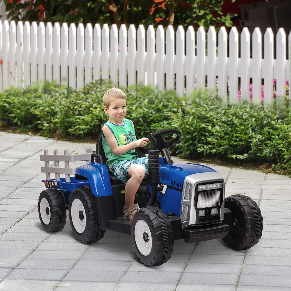 image 1 of HOMCOM Kids Electric Car, 12V Electric Ride on Tractor and Trailer with Detachable Trailer Remote Control, USB, Horn, Lights, Start-Up Sound, for Ages 3-6 Years, Blue