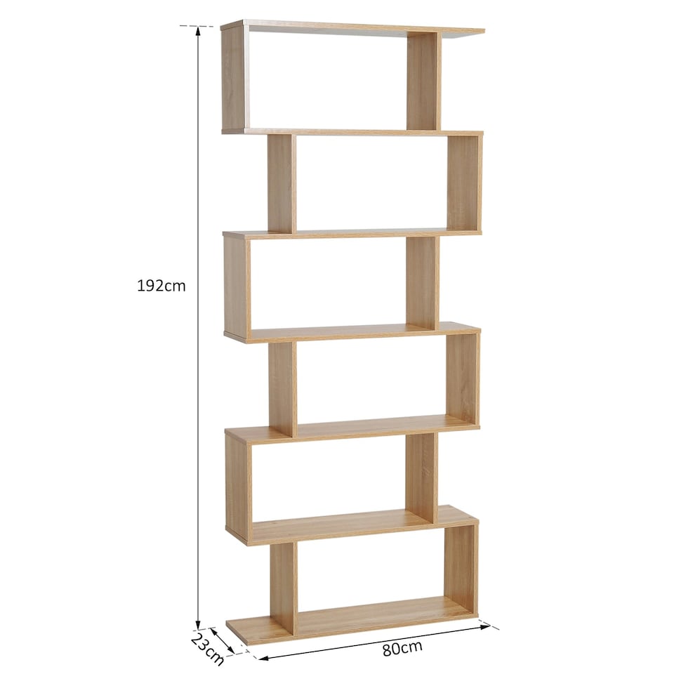 image 1 of HOMCOM 6-Tier Wooden Modern S-Shaped Shelf Storage Unit Home Office Oak Colour