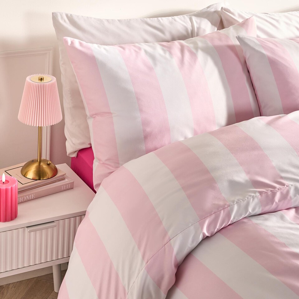 image 1 of OHS Vertical Stripe Microfibre Bedding Duvet Cover Set with Pillowcase | Pink | Pink | Double