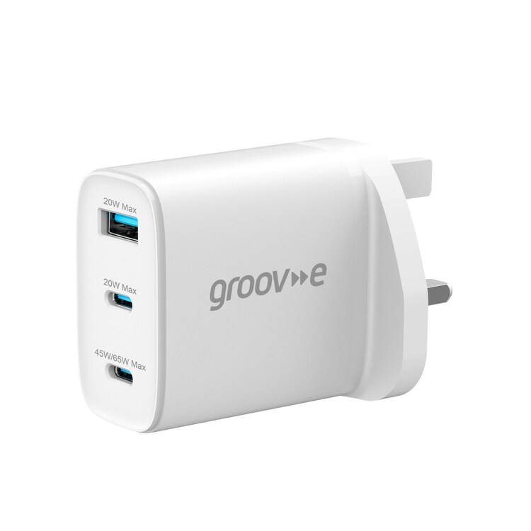Groov-E Gvma109We Dual Usb-C & Usb-A 65W Gan Wall Charger - White