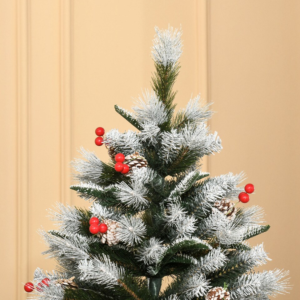 image 1 of HOMCOM 6FT Artificial Snow Dipped Christmas Tree mas Pencil Tree Holiday Home Party Decoration with Foldable Feet Red Berries White Pinecones, Green