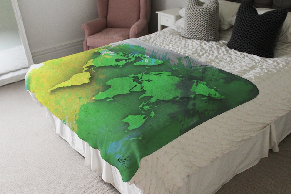 image 1 of World Map Yellow And Green Blanket | Multi