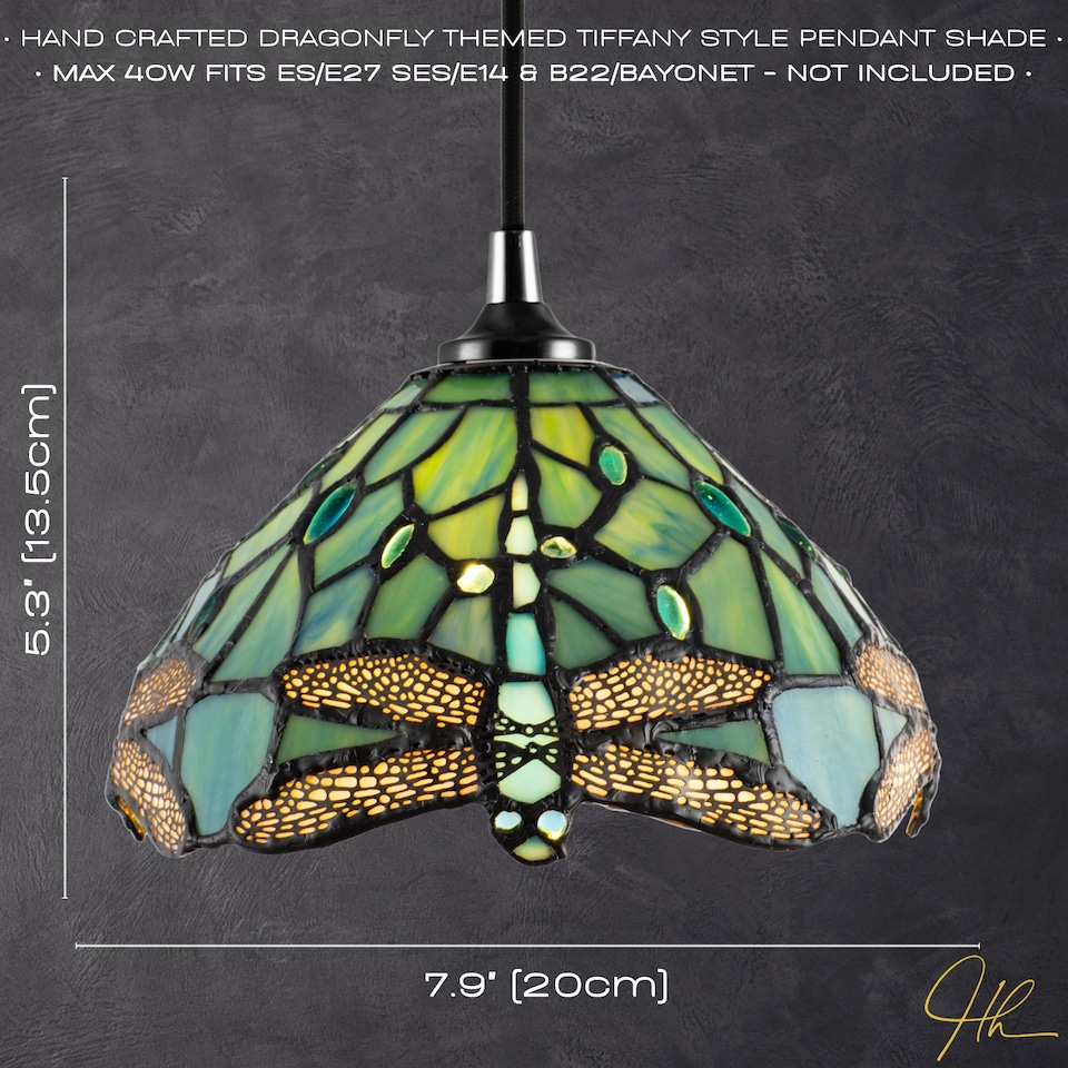 image 1 of Dragonfly Themed Emerald Stained Glass Tiffany Pendant Lighting Shade with Beads | Green