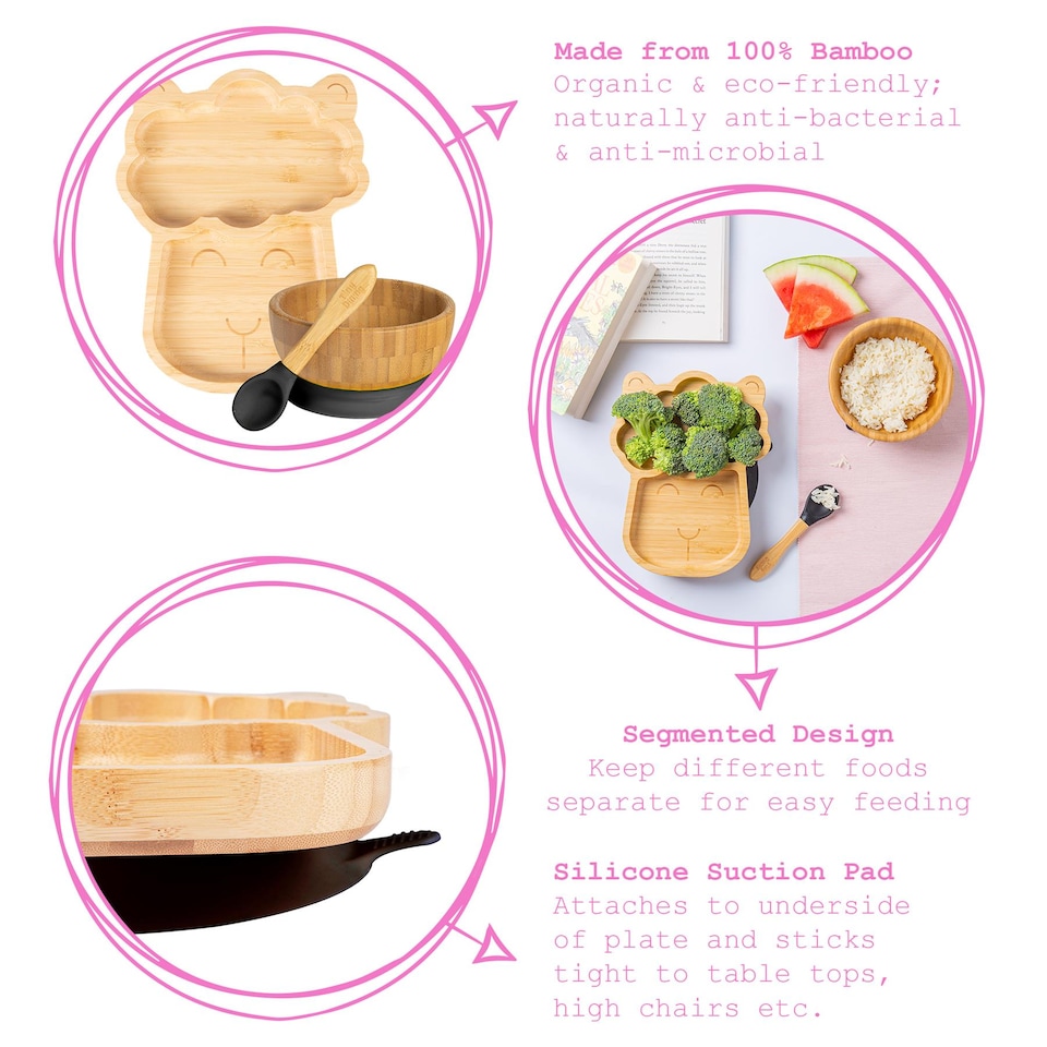 image 1 of Tiny Dining 4pc Llama Bamboo Suction Baby Feeding Set - Black
