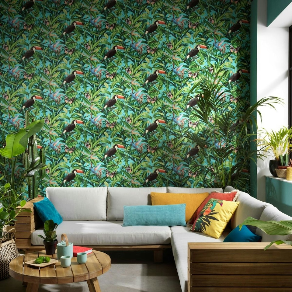 image 1 of Erismann Paradisio 2 Jungle Birds Textured Wallpaper - Blue/Green - 10m x 53cm