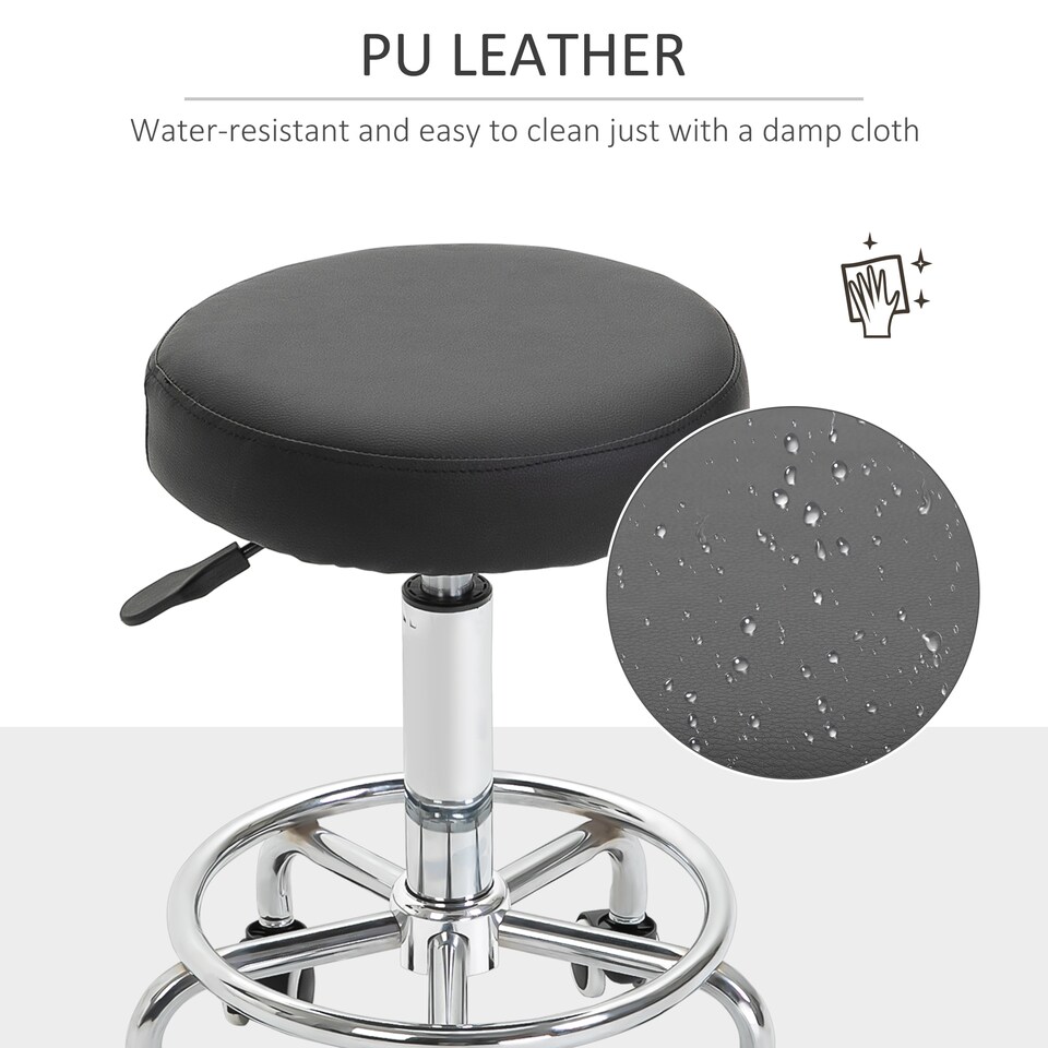 image 1 of Vinsetto Round Rolling Stool, PU Leather Height Adjustable Stool Chair with Wheels and Swivel Seat for Salon, Massage, Spa, Home Kitchen, Black
