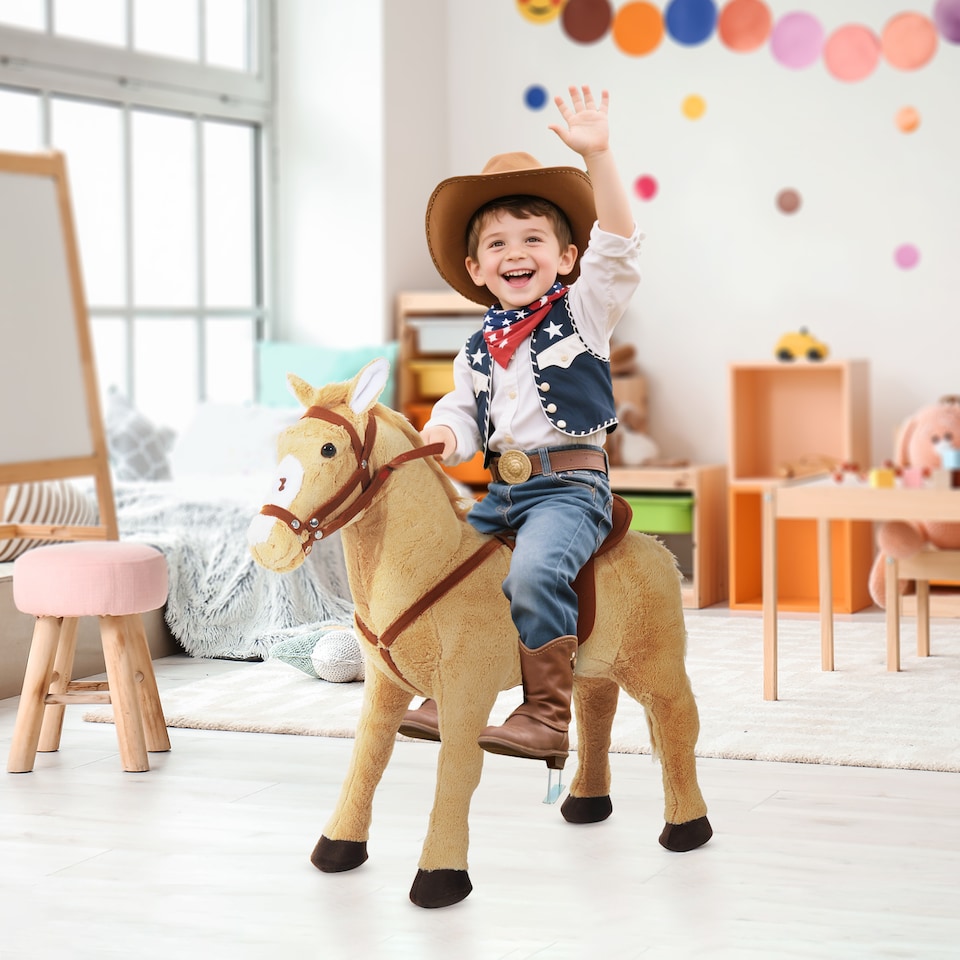 image 1 of HOMCOM Children Standing Horse Plush Soft Ride On Toy Pony Kids Cuddly Game Play | Yellow