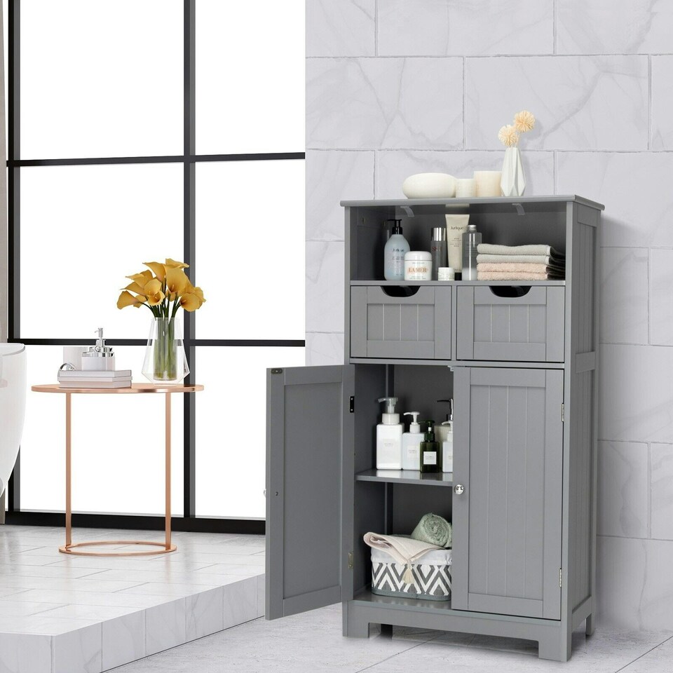 image 1 of COSTWAY Bathroom Cabinet Wooden Storage Cupboard Grey Grey