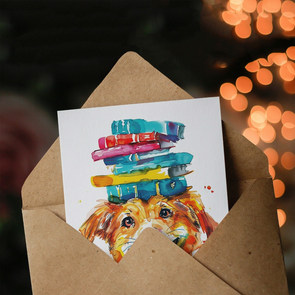 image 1 of Book Stack On Head Girl Boy Kids Dog Daughter Son Birthday Card