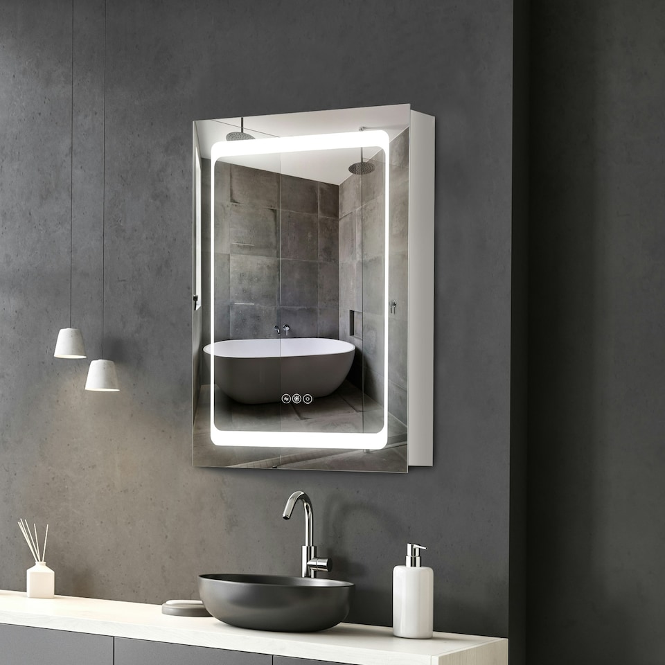 image 1 of kleankin LED Lighted Bathroom Mirror Cabinet W/ LED Lights Shelves Wall-mounted