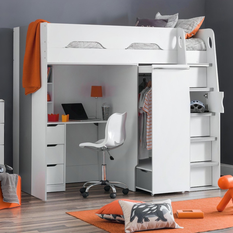 image 1 of Pegasus 90cm Single White and Silver Highsleeper Loft Bed with Desk