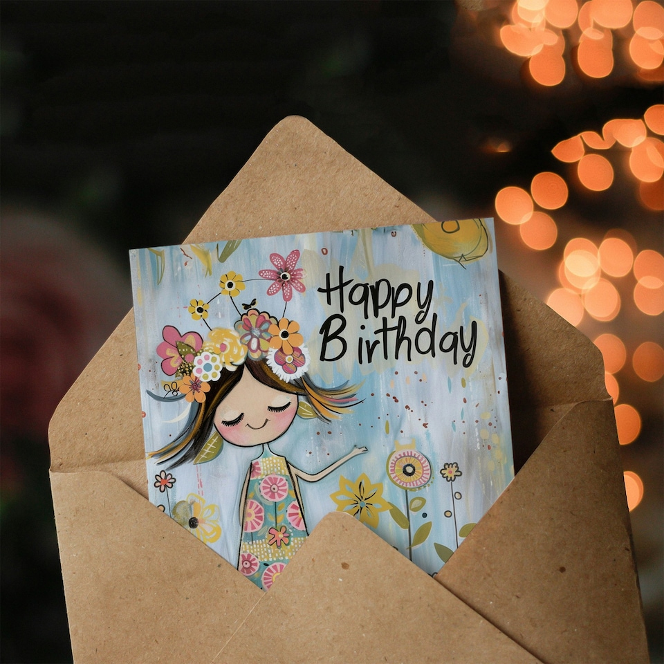 image 1 of Cute Girl Spring Flower Meadow Kids Child Kids Birthday Card