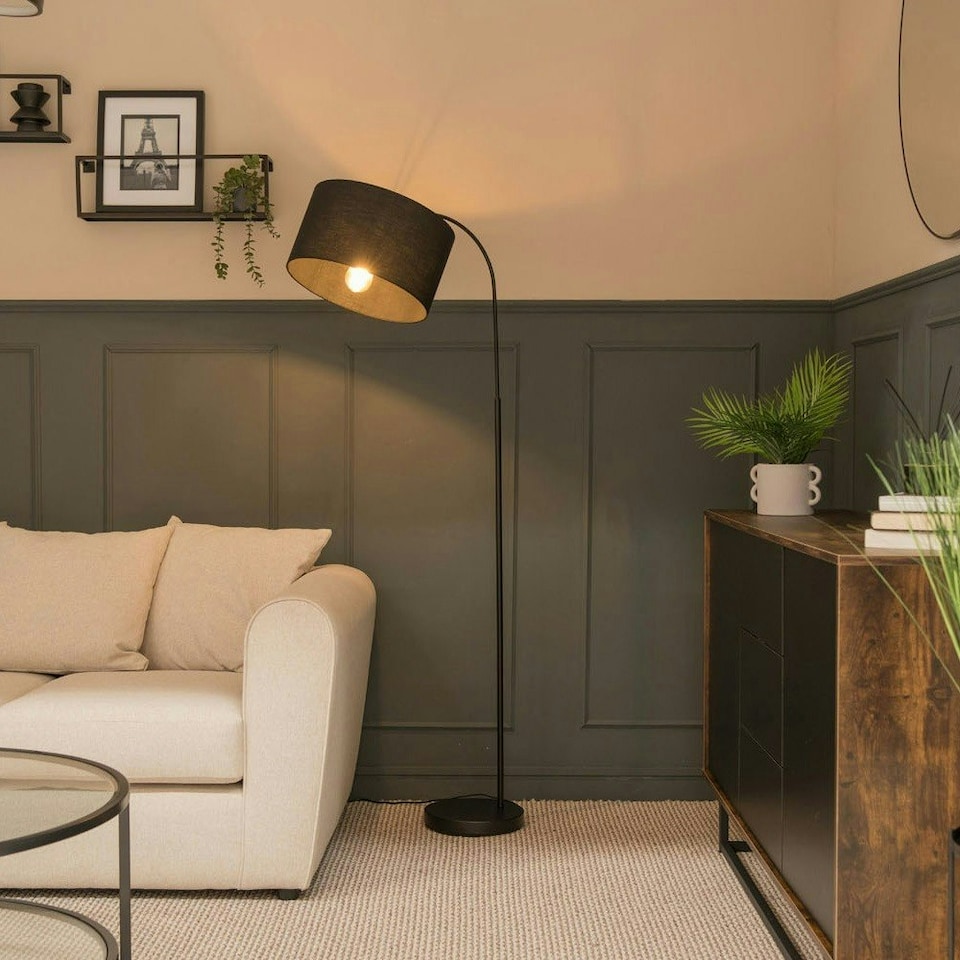 image 1 of ValueLights Black Floor Lamp Drum Black Shade