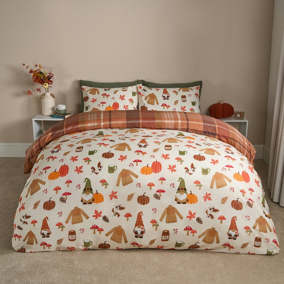 image 1 of OHS Autumnal Novelty Pumpkin Gonk Reversible Check Duvet Cover and Pillowcase Bedding Set Multi | Cream/Rust | Double