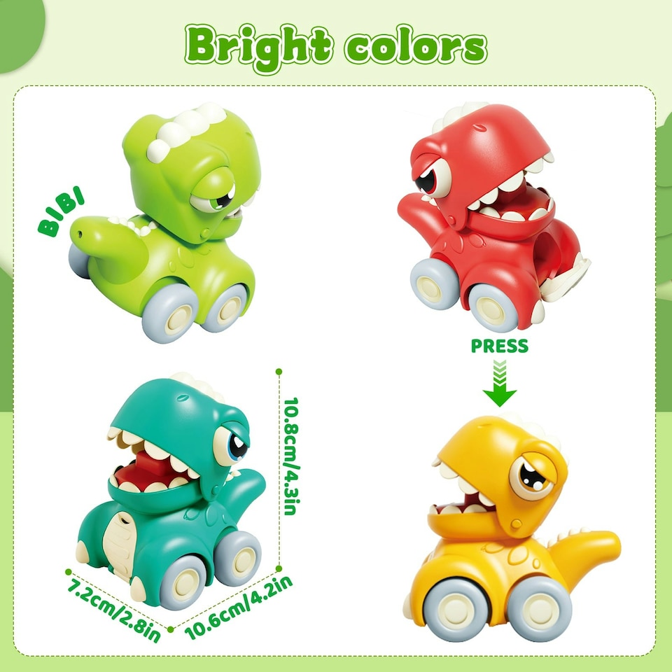 image 1 of Push and Go Dinosaur Car Toy Set 4PCS Mini Dino Vehicles for Toddlers Pull Back Cars