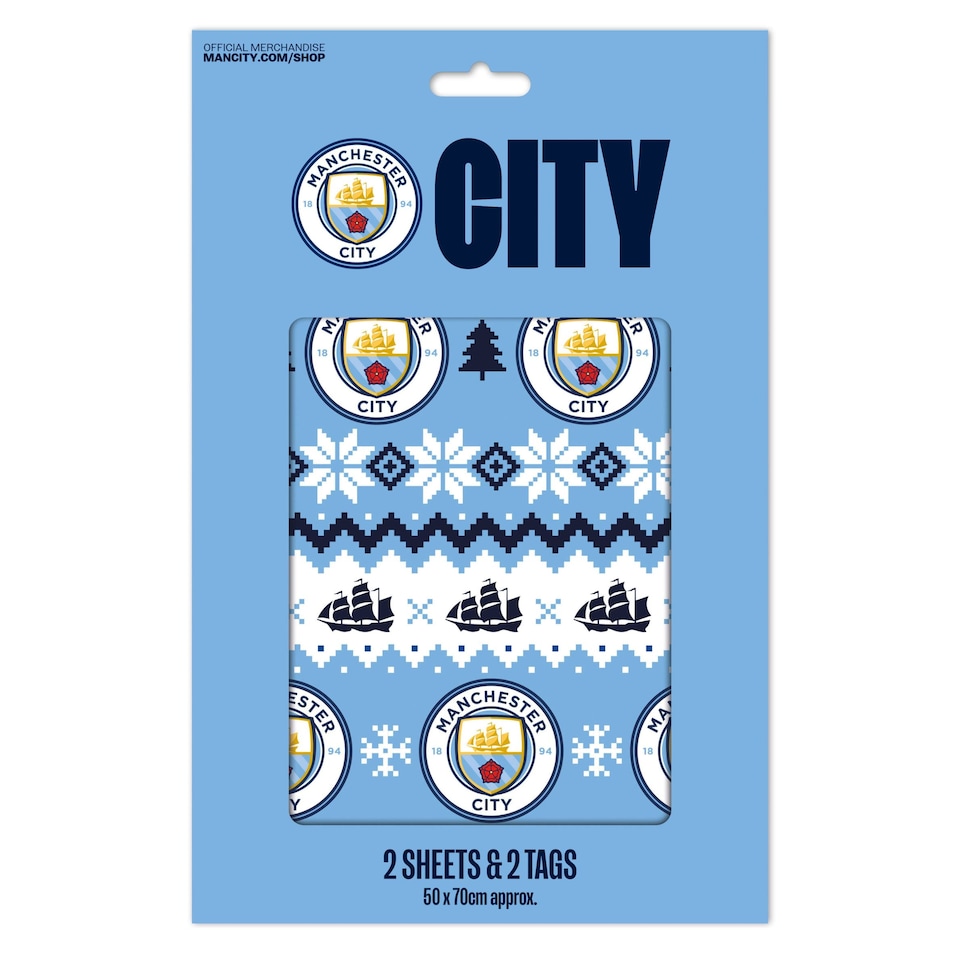 image 1 of Manchester City FC Christmas 2 Sheets & 2 Tags Gift Wrap