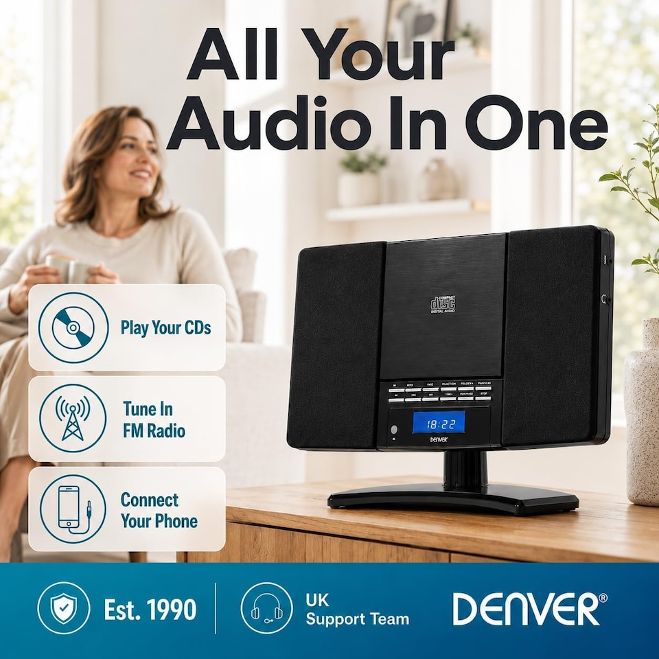 image 1 of Denver MC-5220 CD Player For Home HiFi System - CD Player With Speakers & Radio - Mains Power, Clock Radio, Remote Control, Desktop Stand/Wall Mounted CD Player