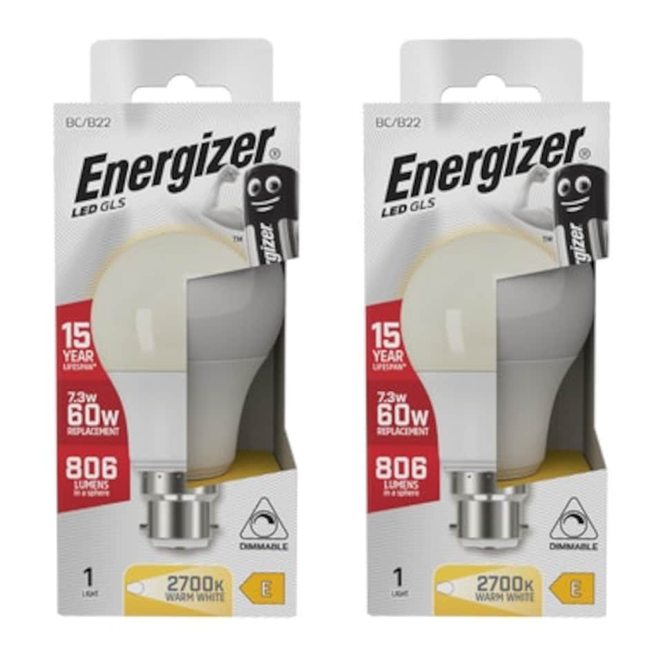 image 1 of Energizer LED GLS B22 806lm 7.3W 3000K (Warm White) Dimmable Light Bulb - Pack of 2