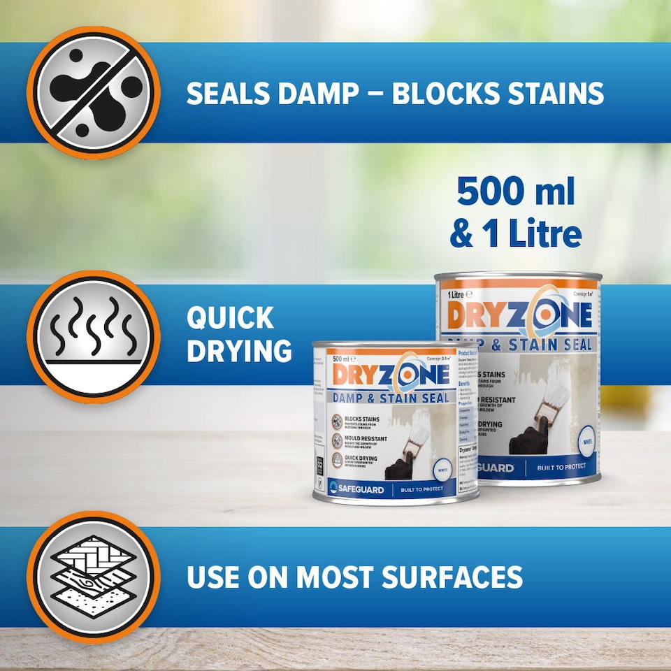 image 1 of Dryzone White Stain Seal & Damp Proof Paint (500ml, White) - Block Damp on Interior Walls | White | White | 500ml