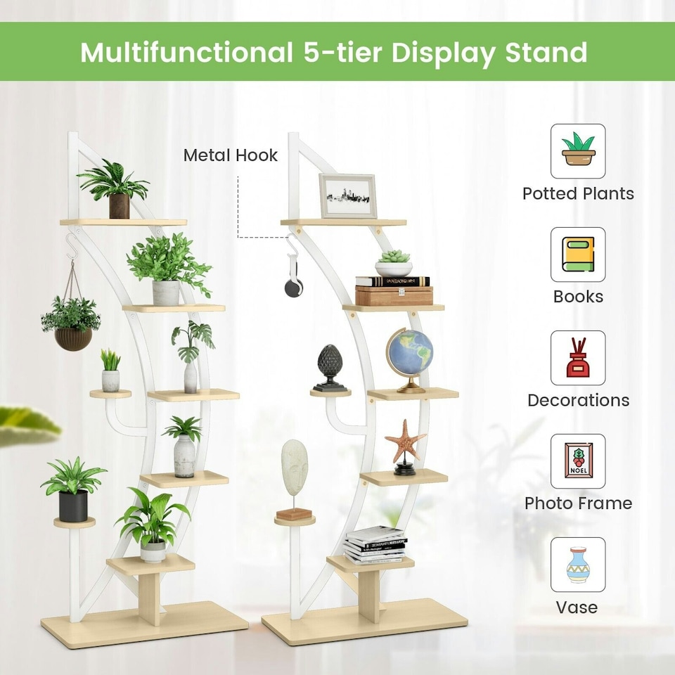 image 1 of COSTWAY 2 Pcs Wooden 8-Tier Plant Stand Rack Half Moon Shelf White