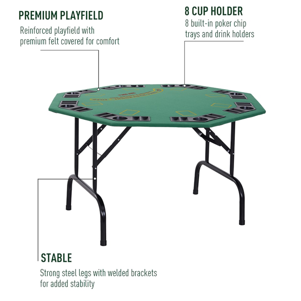 image 1 of HOMCOM 8 Player Folding Games Poker Table with Chip Cup Holder Steel Base Felt Top Octagon Blackjack Green