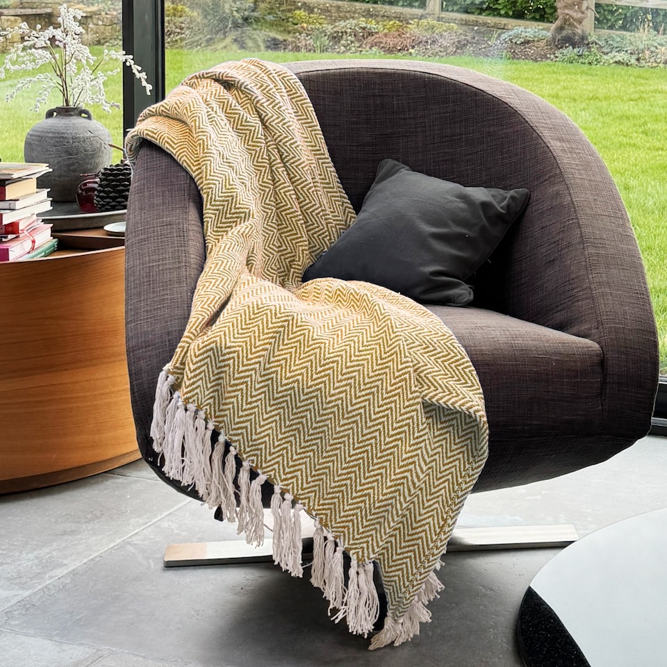 image 1 of Large Cotton Chevron Herringbone Sofa Throw Blanket - 150 x 200cm | Yellow | Mustard | One Size | 1