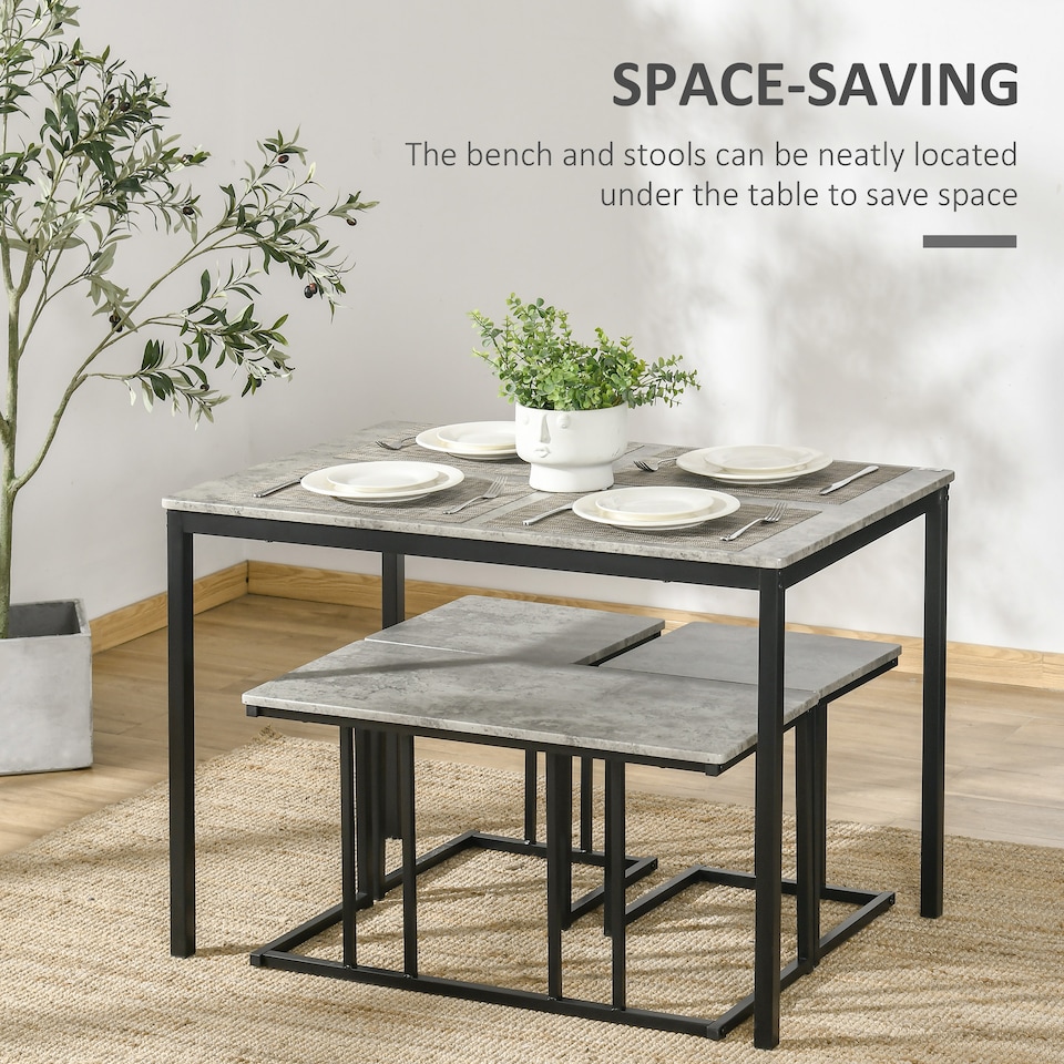 image 1 of HOMCOM Dining Table and Chairs Set for 4 People, Concrete Effect Kitchen Table and Bench Set with Steel Frame, 4 Piece Dining Room Sets, Grey