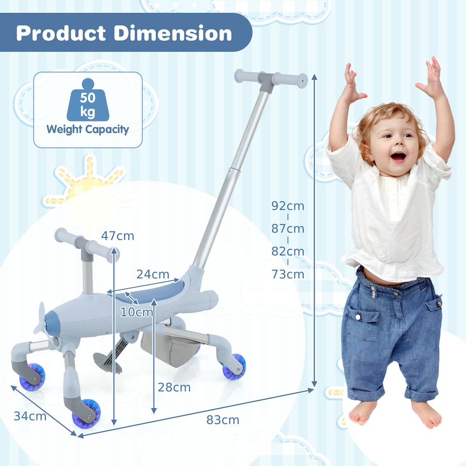 image 1 of COSTWAY 2-in-1 Kids Ride-on Push Car Plane-Themed Blue
