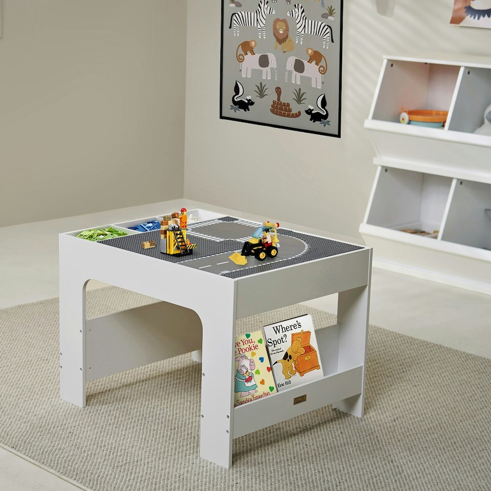 image 1 of Hooga Wooden Activity Table with Storage - 4 City Baseplates & Chalkboard Grey