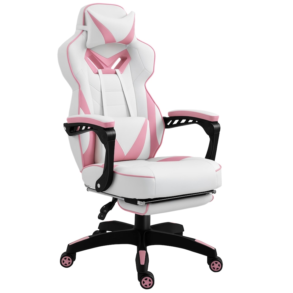 image 1 of Vinsetto Computer Gaming Chair, Racing Desk Chair with Lumbar Support and Footrest, PU Leather Gamer Chair with Headrest and Swivel Wheels for Home, Pink
