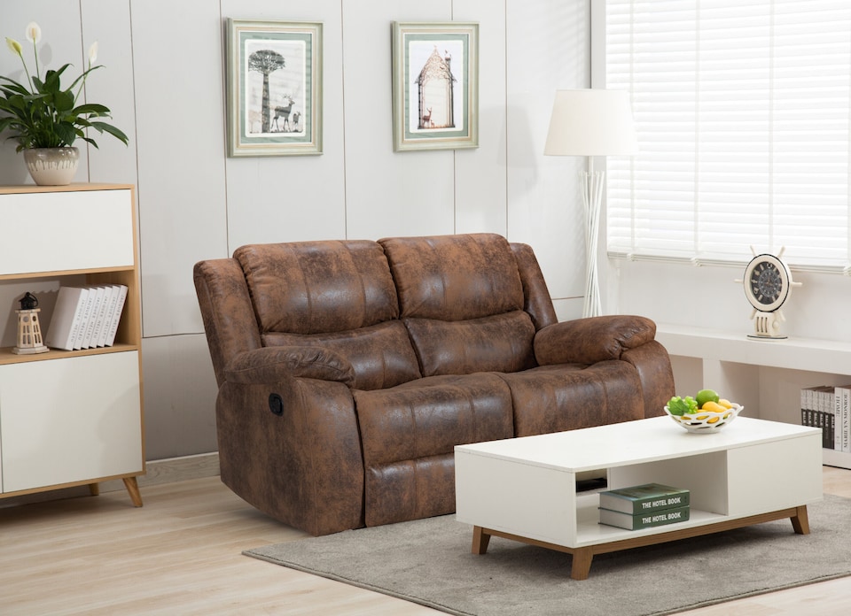 image 1 of Faux Leather Suede Brown 2 Seater Manual Recliner Sofa NAPLES