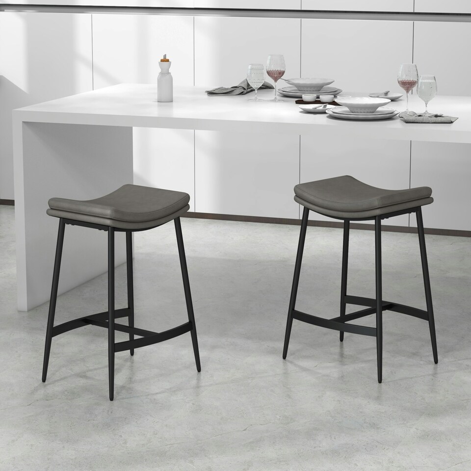 image 1 of HOMCOM Breakfast Bar Stools Set of 2 Upholstered Barstools w/ Curved Seat Grey
